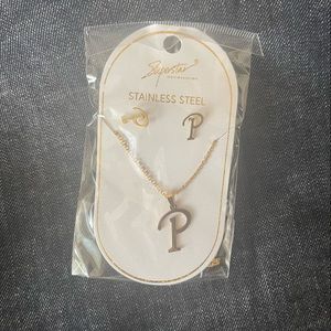 “P” Stainless Steel Earring and Necklace Set